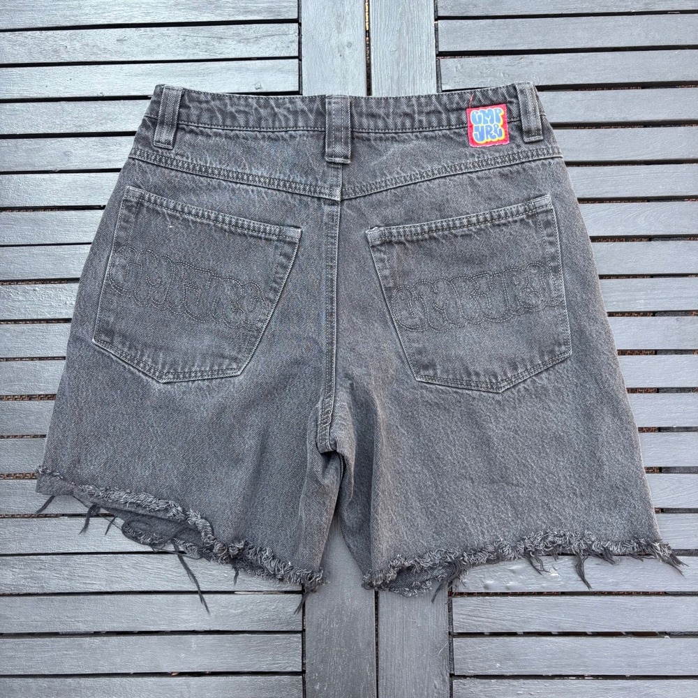 Empyre Denim Shorts Mens 30 Black Loose Fit Raw Hem Skater Streetwear Embroidery